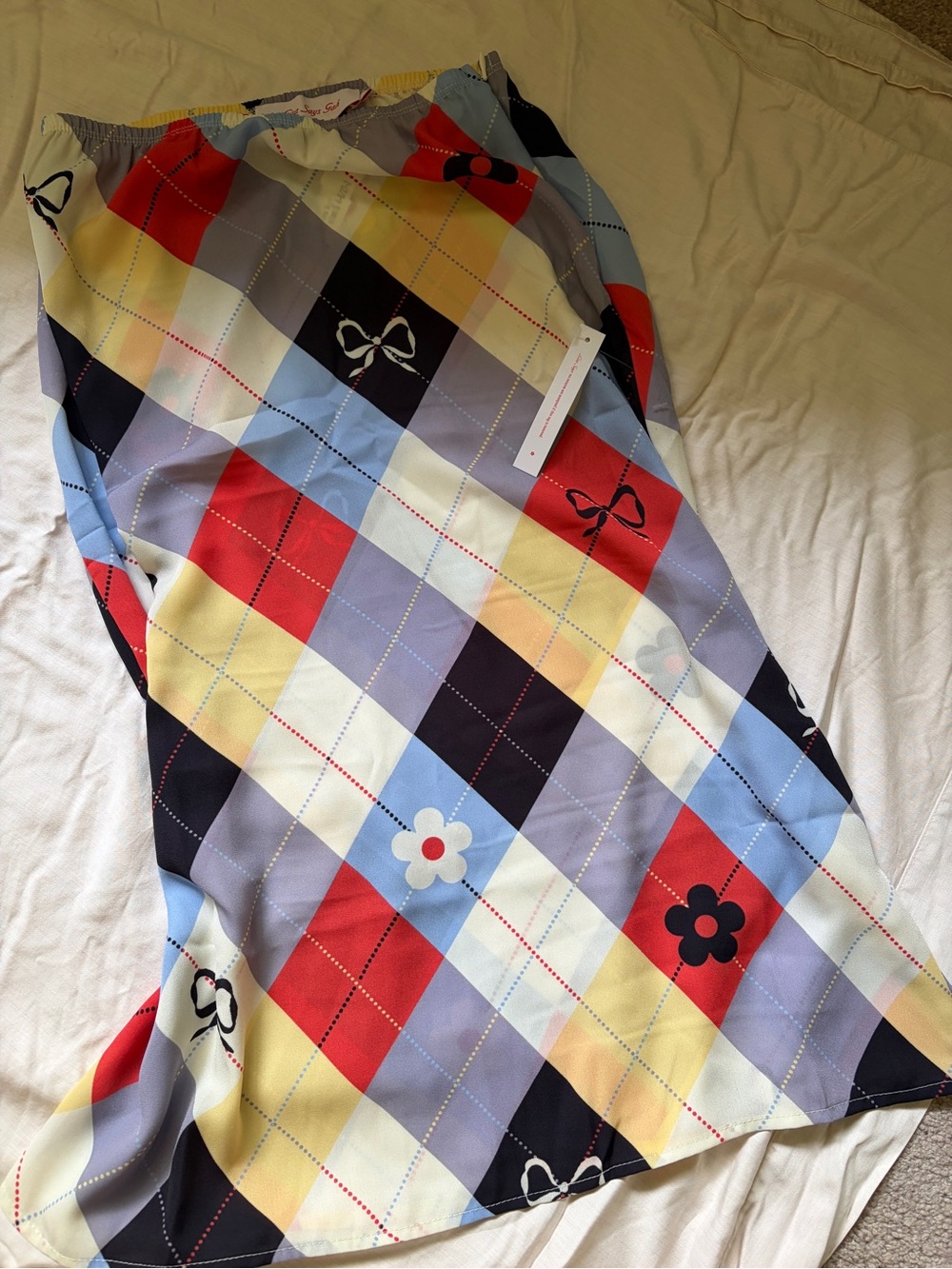 NWT Lisa Says Gah Multicolor Argyle Midi Skirt with Floral & Bow Motif - Picture 2 of 4